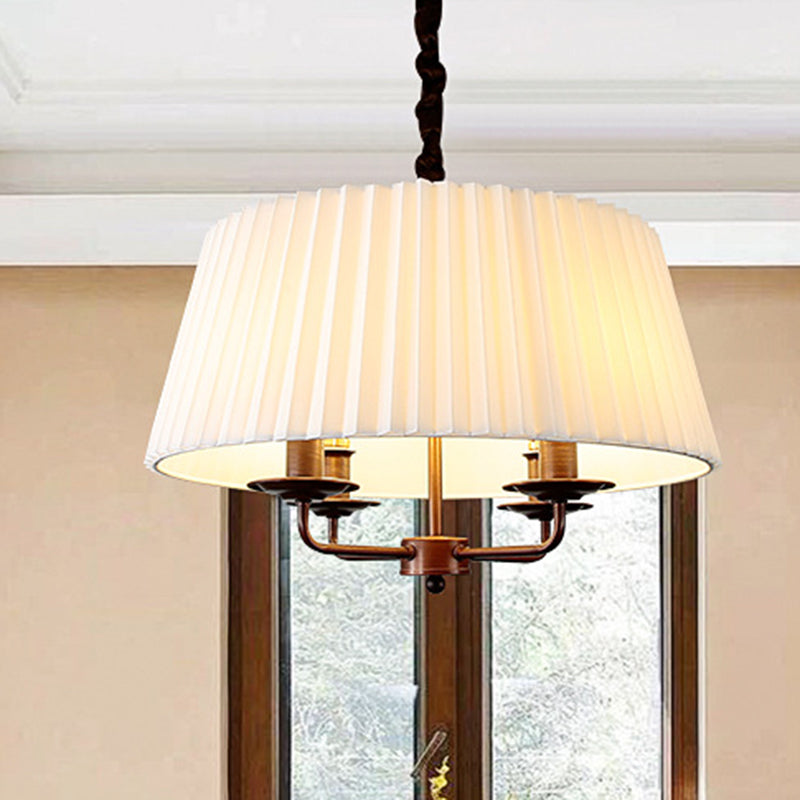 Traditional Vintage Round Table Pleated Branch Iron Fabric 4-Light Chandelier For Living Room