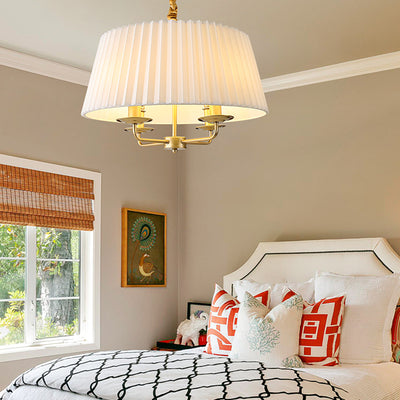 Traditional Vintage Round Table Pleated Branch Iron Fabric 4-Light Chandelier For Living Room