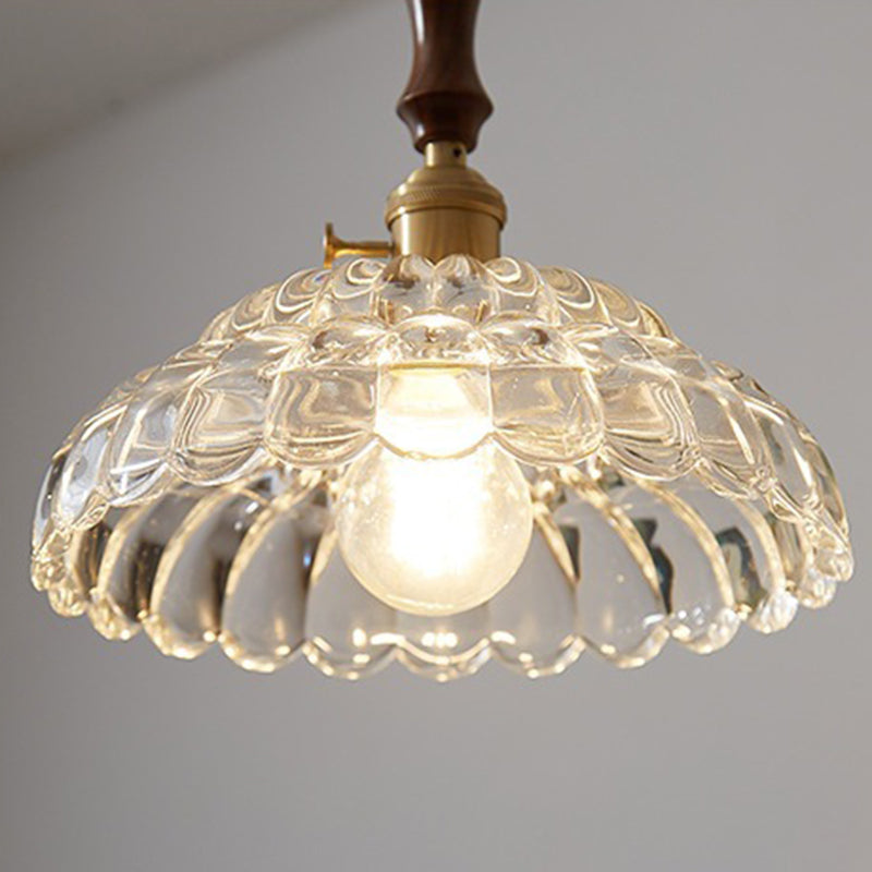 Traditionelle japanische runde doppelt geschnitzte ovale Kupfer-Holz-Glas 1-Licht Pendelleuchte für das Wohnzimmer 