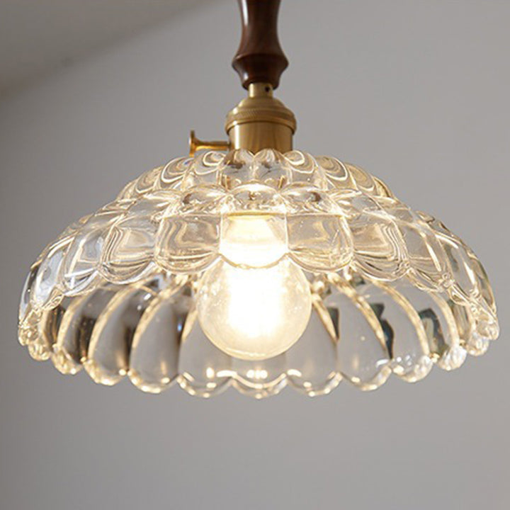 Traditionelle japanische runde doppelt geschnitzte ovale Kupfer-Holz-Glas 1-Licht Pendelleuchte für das Wohnzimmer 
