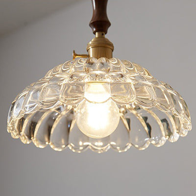 Traditional Japanese Round Double Carved Oval Copper Wooden Glass 1-Light Pendant Light For Living Room