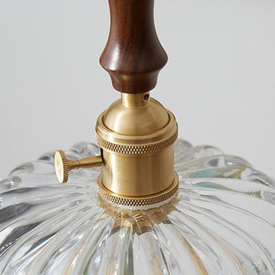 Traditional Japanese Round Double Carved Oval Copper Wooden Glass 1-Light Pendant Light For Living Room