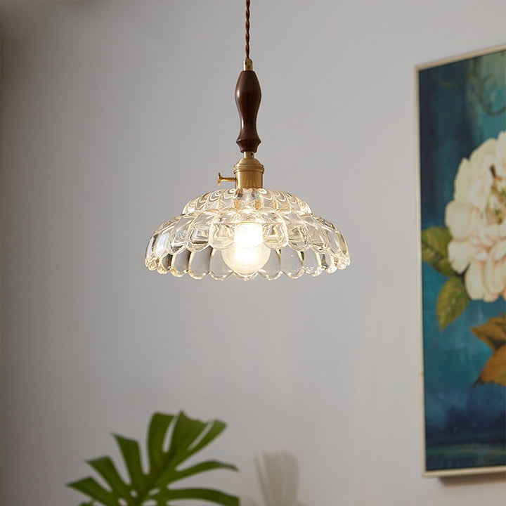 Traditionelle japanische runde doppelt geschnitzte ovale Kupfer-Holz-Glas 1-Licht Pendelleuchte für das Wohnzimmer 