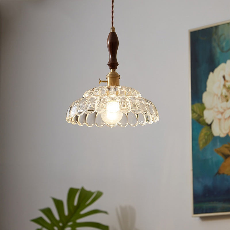 Traditional Japanese Round Double Carved Oval Copper Wooden Glass 1-Light Pendant Light For Living Room