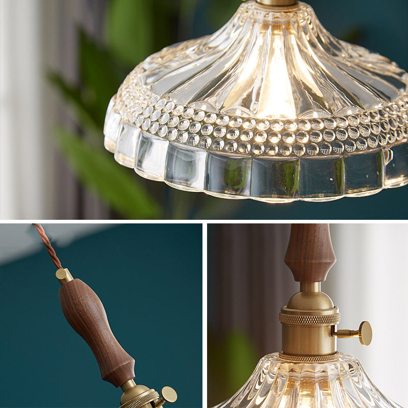 Traditional Japanese Round Double Carved Oval Copper Wooden Glass 1-Light Pendant Light For Living Room