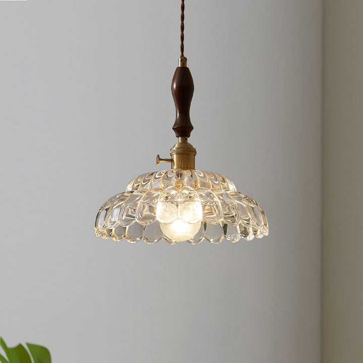 Lámpara colgante tradicional japonesa redonda doble ovalada de cobre y madera con vidrio de 1 luz para sala de estar 