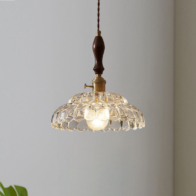 Traditional Japanese Round Double Carved Oval Copper Wooden Glass 1-Light Pendant Light For Living Room