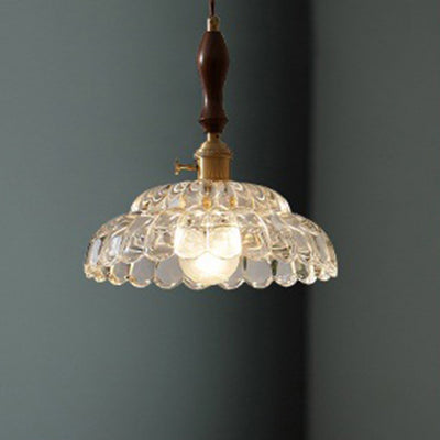 Traditional Japanese Round Double Carved Oval Copper Wooden Glass 1-Light Pendant Light For Living Room