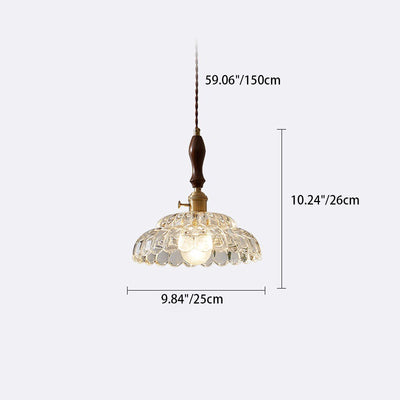 Traditional Japanese Round Double Carved Oval Copper Wooden Glass 1-Light Pendant Light For Living Room