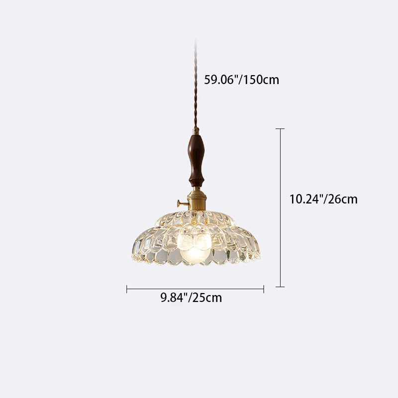 Traditional Japanese Round Double Carved Oval Copper Wooden Glass 1-Light Pendant Light For Living Room