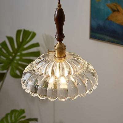 Traditional Japanese Round Double Carved Oval Copper Wooden Glass 1-Light Pendant Light For Living Room