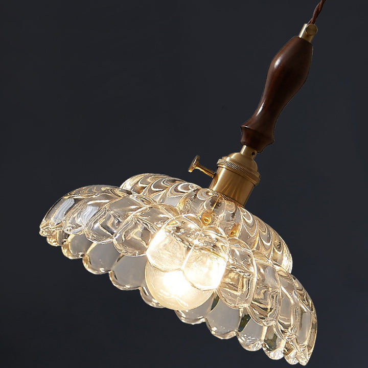 Traditionelle japanische runde doppelt geschnitzte ovale Kupfer-Holz-Glas 1-Licht Pendelleuchte für das Wohnzimmer 