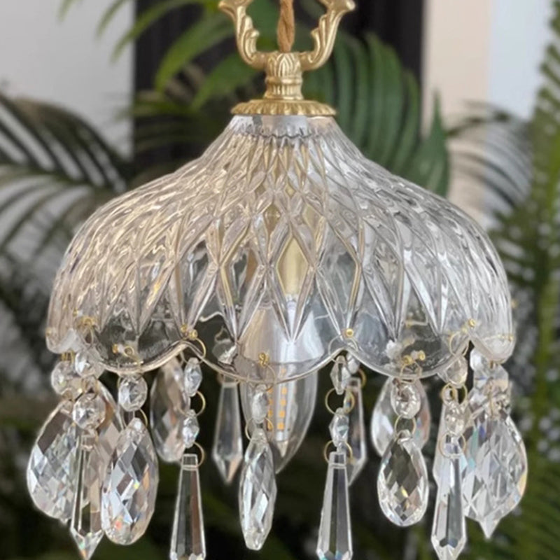 Traditional French Floral Carved Teardrop Hardware Crystal Glass 1-Light Pendant Light For Bedroom