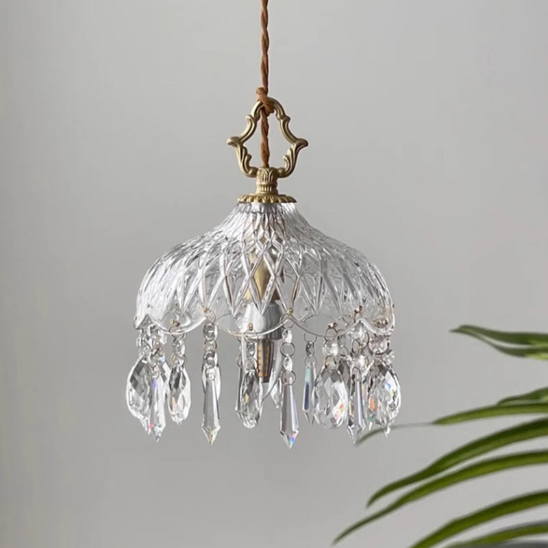 Traditional French Floral Carved Teardrop Hardware Crystal Glass 1-Light Pendant Light For Bedroom
