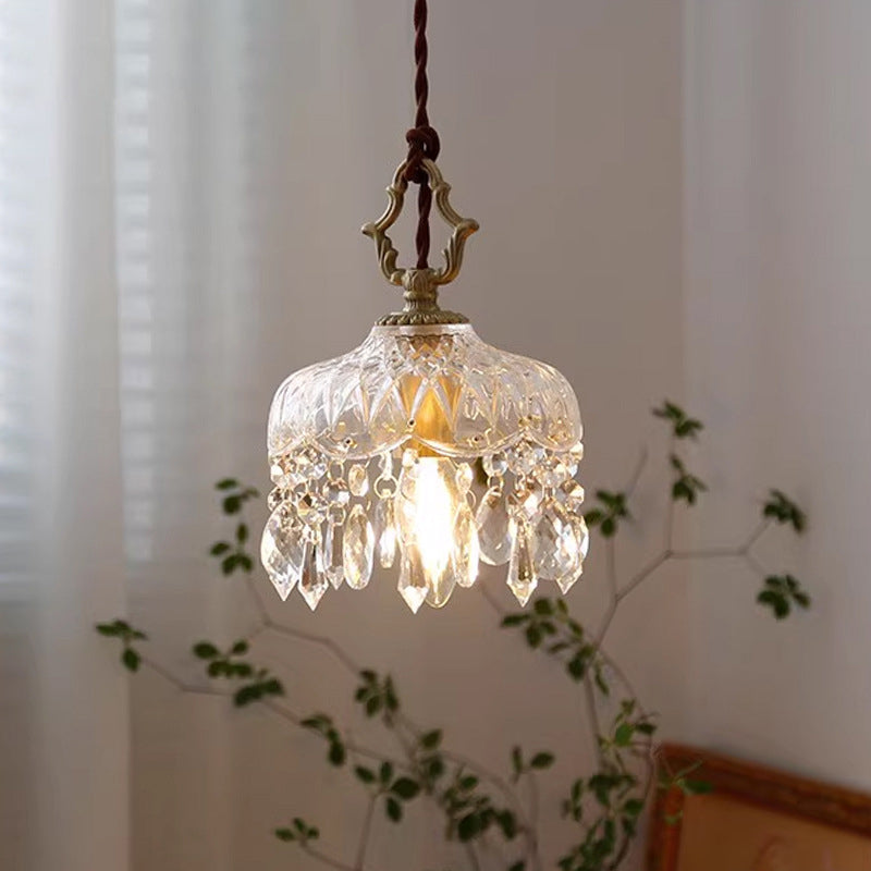 Traditional French Floral Carved Teardrop Hardware Crystal Glass 1-Light Pendant Light For Bedroom
