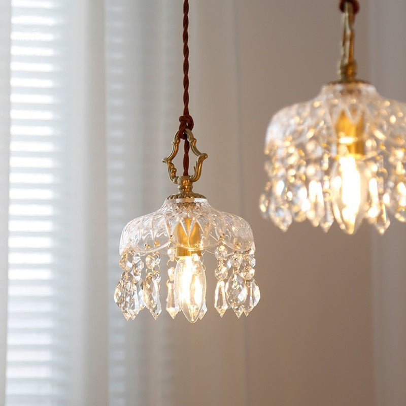 Traditional French Floral Carved Teardrop Hardware Crystal Glass 1-Light Pendant Light For Bedroom