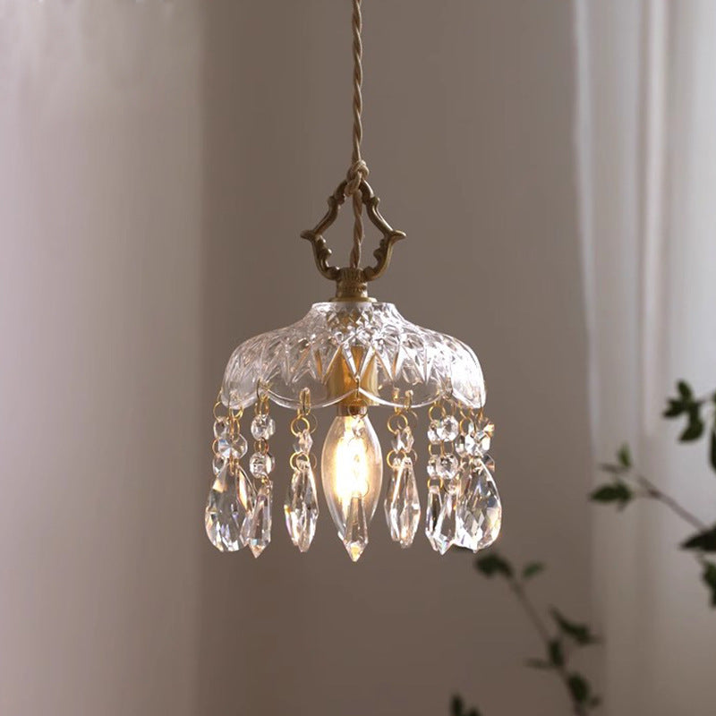 Traditional French Floral Carved Teardrop Hardware Crystal Glass 1-Light Pendant Light For Bedroom