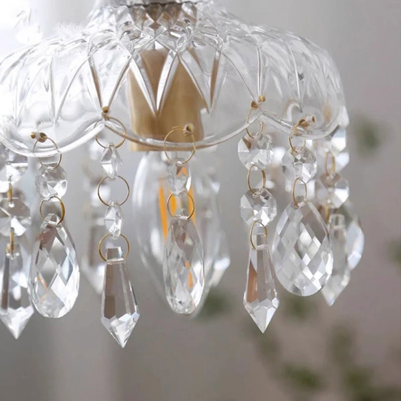 Traditional French Floral Carved Teardrop Hardware Crystal Glass 1-Light Pendant Light For Bedroom