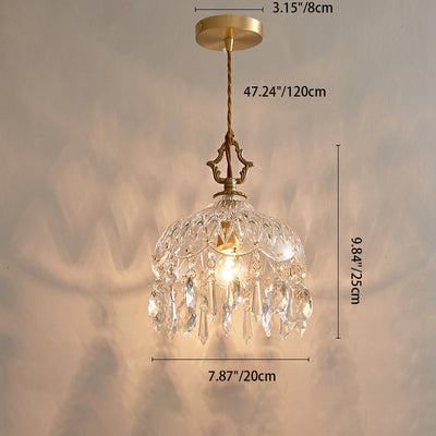 Traditional French Floral Carved Teardrop Hardware Crystal Glass 1-Light Pendant Light For Bedroom