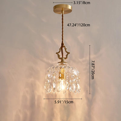 Traditional French Floral Carved Teardrop Hardware Crystal Glass 1-Light Pendant Light For Bedroom