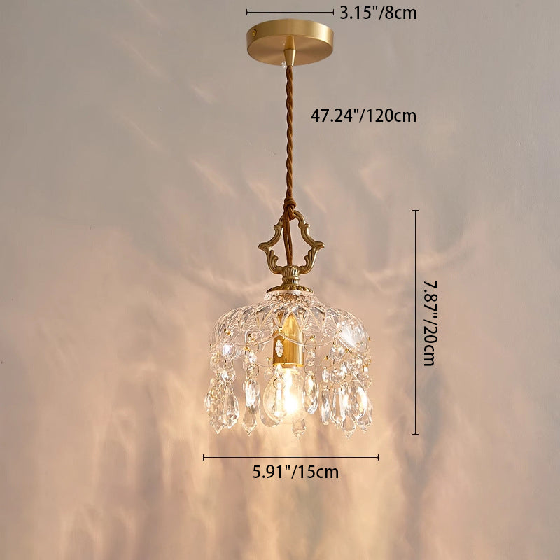 Traditional French Floral Carved Teardrop Hardware Crystal Glass 1-Light Pendant Light For Bedroom