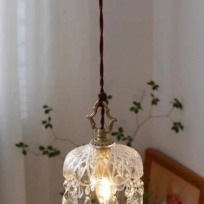 Traditional French Floral Carved Teardrop Hardware Crystal Glass 1-Light Pendant Light For Bedroom