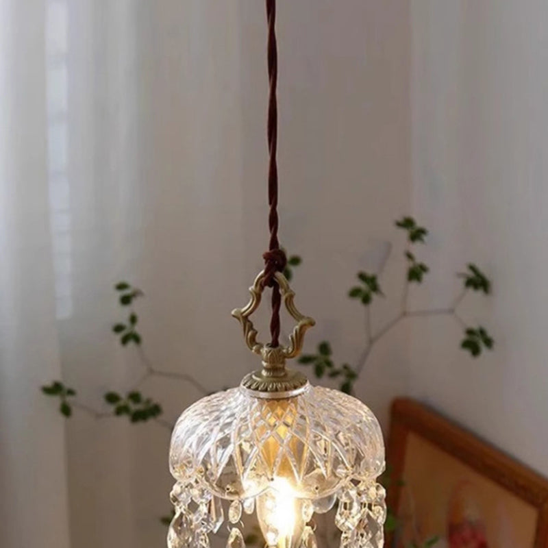 Traditional French Floral Carved Teardrop Hardware Crystal Glass 1-Light Pendant Light For Bedroom