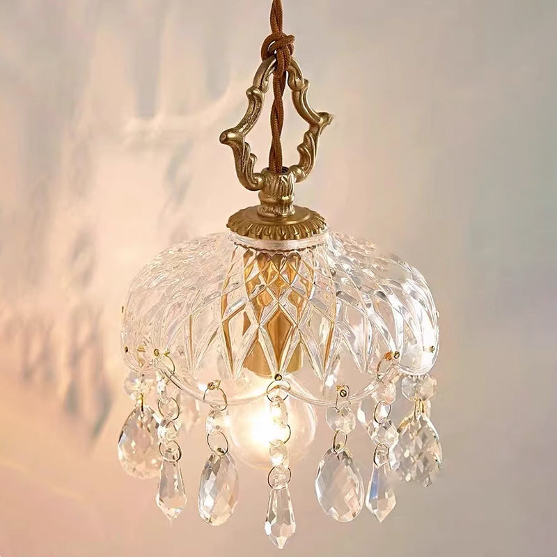 Traditional French Floral Carved Teardrop Hardware Crystal Glass 1-Light Pendant Light For Bedroom