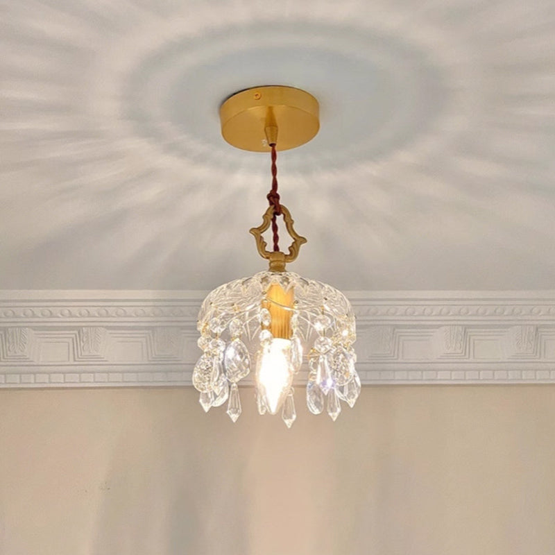 Traditional French Floral Carved Teardrop Hardware Crystal Glass 1-Light Pendant Light For Bedroom