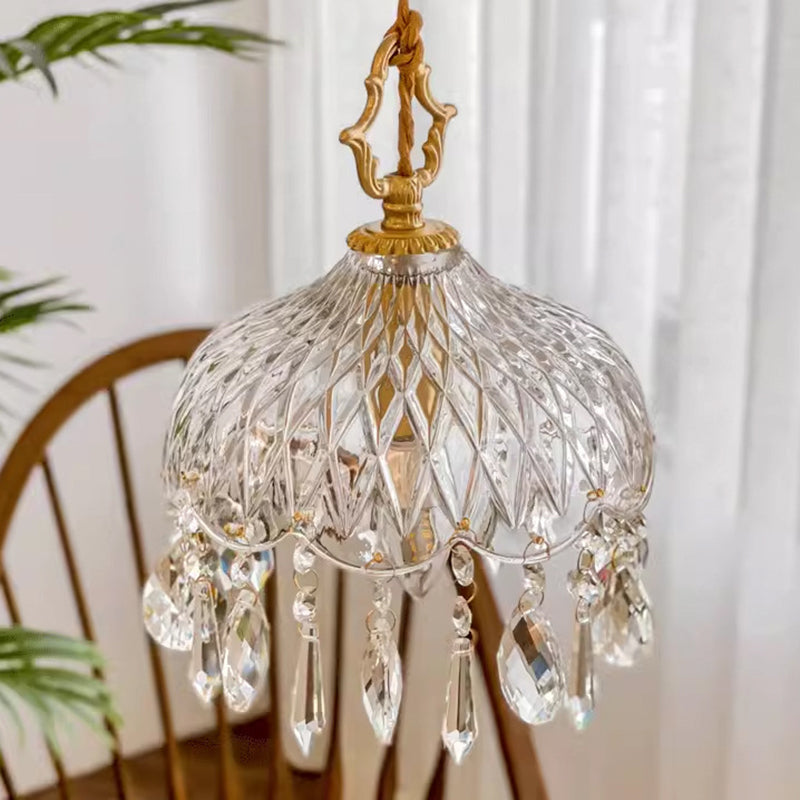 Traditional French Floral Carved Teardrop Hardware Crystal Glass 1-Light Pendant Light For Bedroom