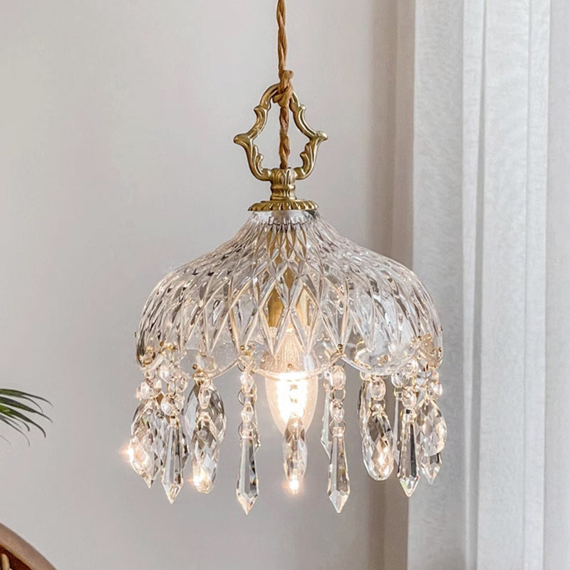 Traditional French Floral Carved Teardrop Hardware Crystal Glass 1-Light Pendant Light For Bedroom