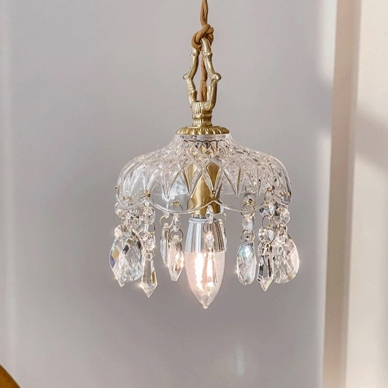 Traditional French Floral Carved Teardrop Hardware Crystal Glass 1-Light Pendant Light For Bedroom