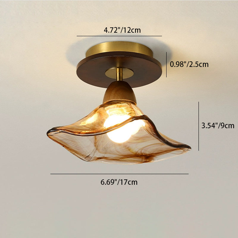 Traditional Vintage Lotus Leaf Half Round Disc Base Iron Wood Glass 1-Light Semi-Flush Mount Ceiling Light For Living Room