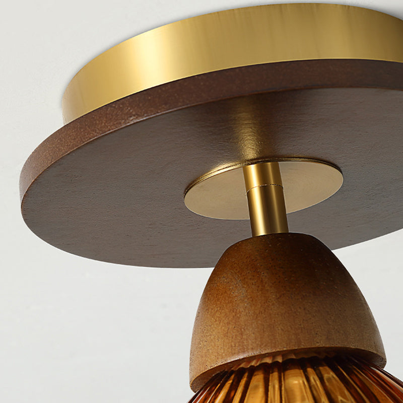 Traditional Vintage Lotus Leaf Half Round Disc Base Iron Wood Glass 1-Light Semi-Flush Mount Ceiling Light For Living Room