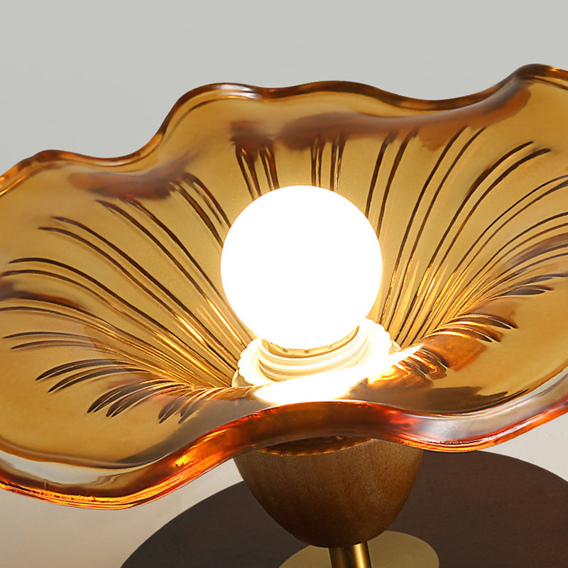 Traditional Vintage Lotus Leaf Half Round Disc Base Iron Wood Glass 1-Light Semi-Flush Mount Ceiling Light For Living Room