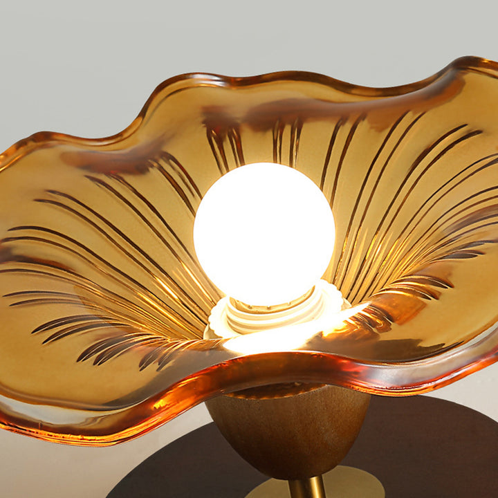 Traditional Vintage Lotus Leaf Half Round Disc Base Iron Wood Glass 1-Light Semi-Flush Mount Ceiling Light For Living Room
