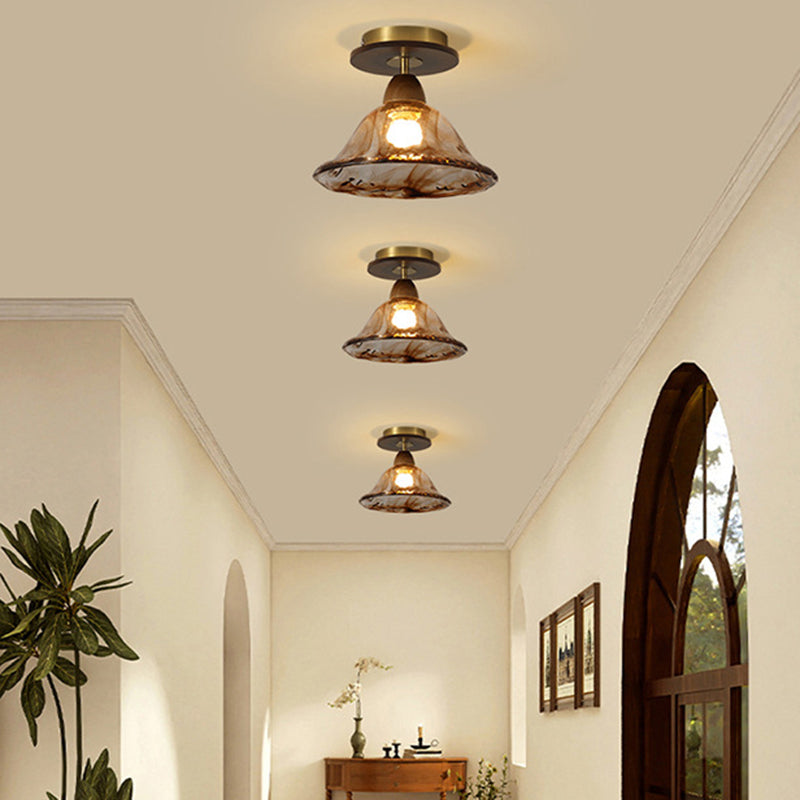 Traditional Vintage Lotus Leaf Half Round Disc Base Iron Wood Glass 1-Light Semi-Flush Mount Ceiling Light For Living Room