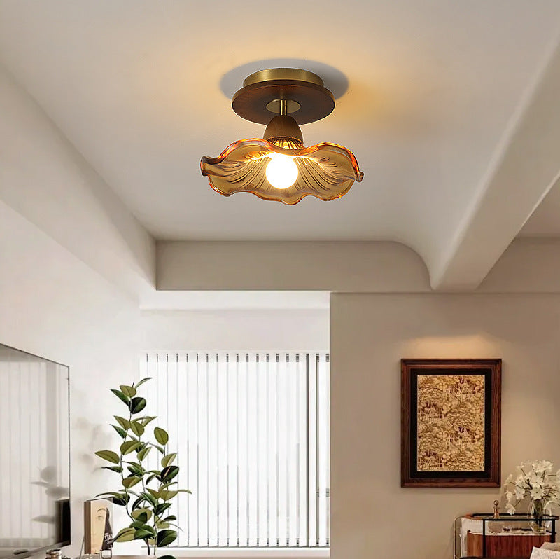 Traditional Vintage Lotus Leaf Half Round Disc Base Iron Wood Glass 1-Light Semi-Flush Mount Ceiling Light For Living Room