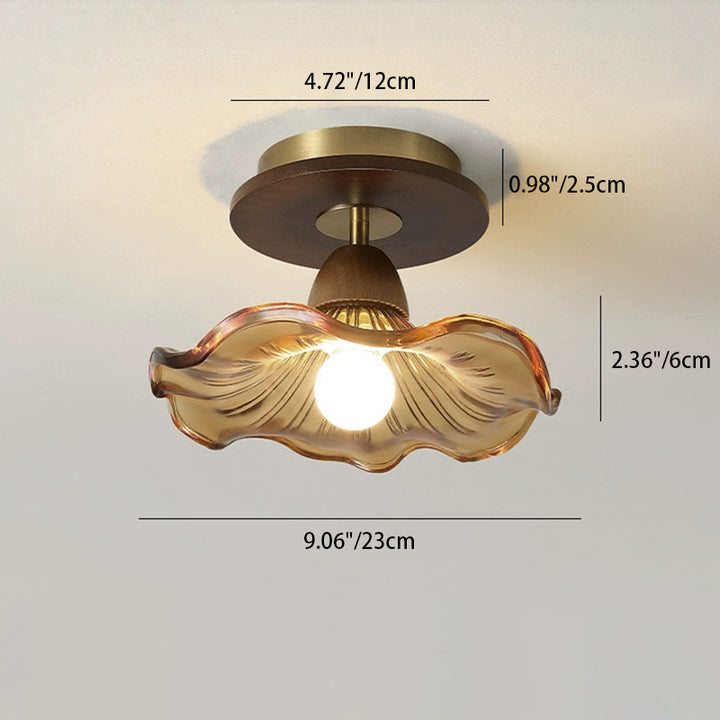 Traditional Vintage Lotus Leaf Half Round Disc Base Iron Wood Glass 1-Light Semi-Flush Mount Ceiling Light For Living Room