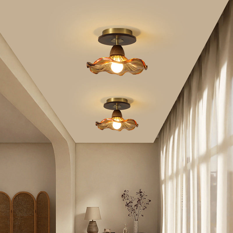 Traditional Vintage Lotus Leaf Half Round Disc Base Iron Wood Glass 1-Light Semi-Flush Mount Ceiling Light For Living Room