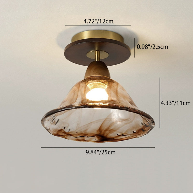 Traditional Vintage Lotus Leaf Half Round Disc Base Iron Wood Glass 1-Light Semi-Flush Mount Ceiling Light For Living Room