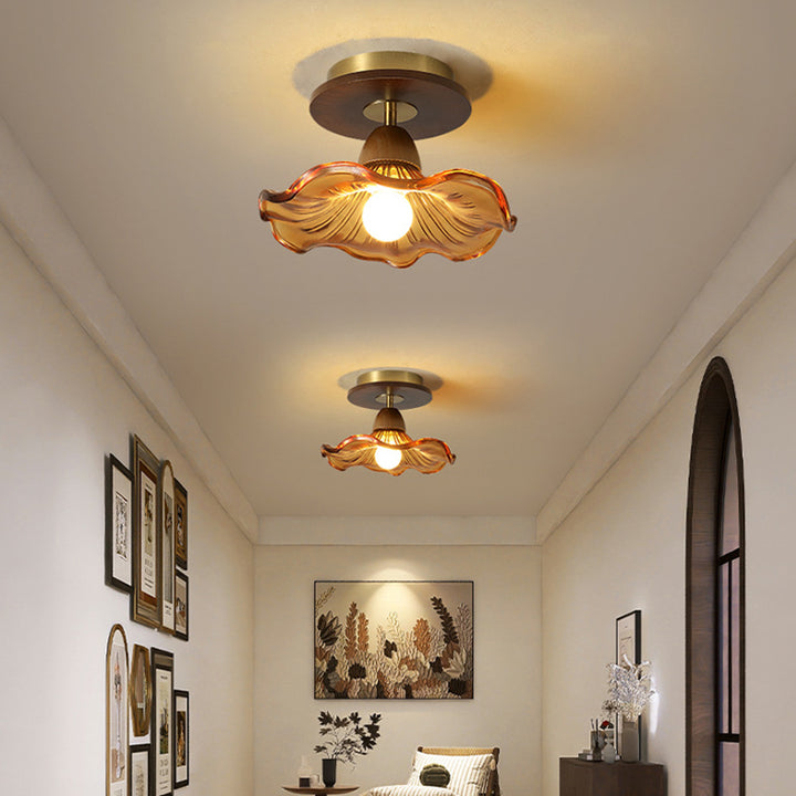 Traditional Vintage Lotus Leaf Half Round Disc Base Iron Wood Glass 1-Light Semi-Flush Mount Ceiling Light For Living Room