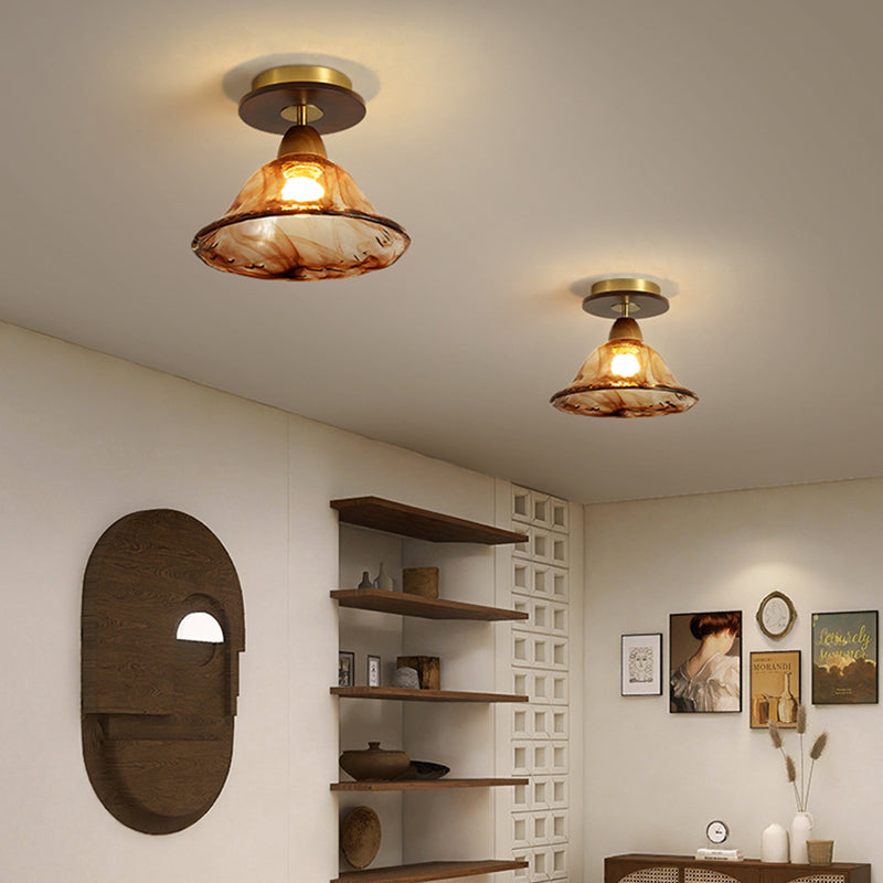 Traditional Vintage Lotus Leaf Half Round Disc Base Iron Wood Glass 1-Light Semi-Flush Mount Ceiling Light For Living Room