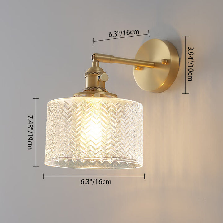 Applique Murale en Laiton avec Base en Disque Ondulé Cylindrique Vintage Traditionnel et Verre à 1 Lumière pour Chambre 