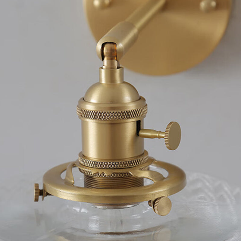 Traditional Vintage Cylinder Wavy Disc Base Brass Glass 1-Light Wall Sconce Lamp For Bedroom