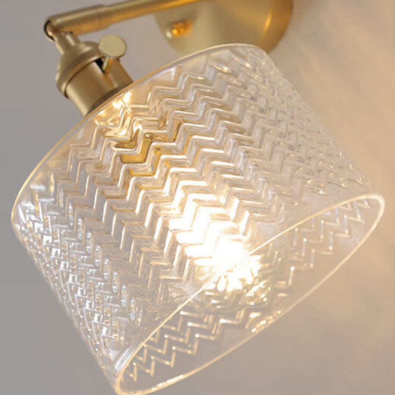 Traditional Vintage Cylinder Wavy Disc Base Brass Glass 1-Light Wall Sconce Lamp For Bedroom
