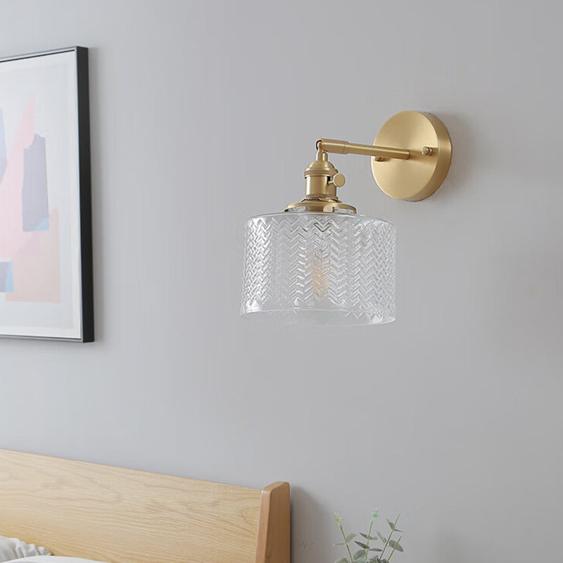 Traditional Vintage Cylinder Wavy Disc Base Brass Glass 1-Light Wall Sconce Lamp For Bedroom