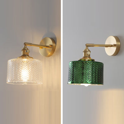 Traditional Vintage Cylinder Wavy Disc Base Brass Glass 1-Light Wall Sconce Lamp For Bedroom