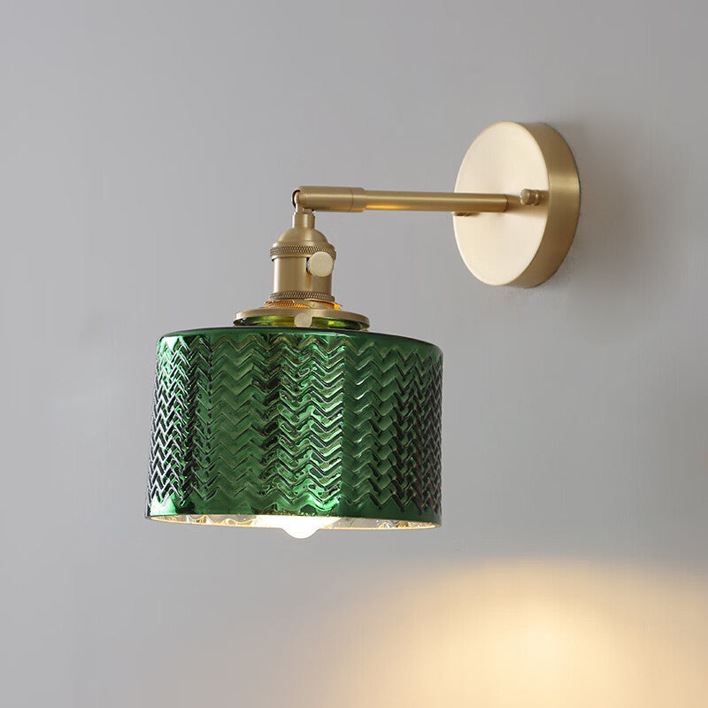 Traditional Vintage Cylinder Wavy Disc Base Brass Glass 1-Light Wall Sconce Lamp For Bedroom