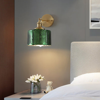 Traditional Vintage Cylinder Wavy Disc Base Brass Glass 1-Light Wall Sconce Lamp For Bedroom